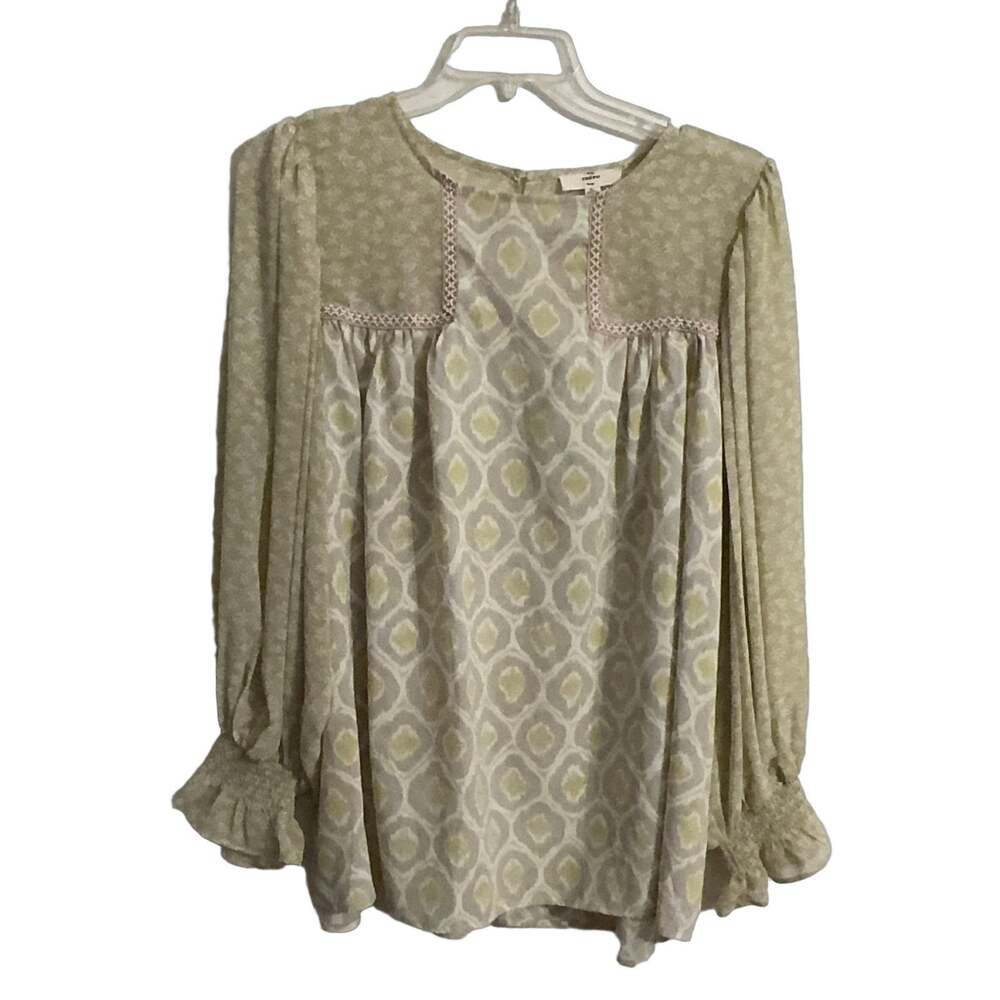 Entro Blouse XL Green Geometric Bohemian Long Sleeve Ruffle Boho Flowy Cottage
